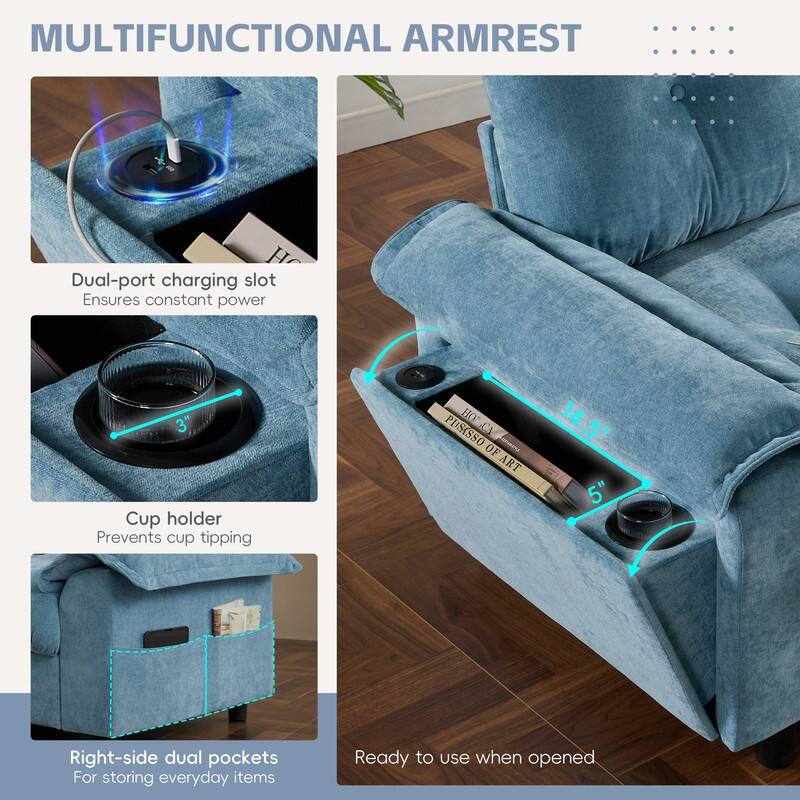 104*60" Sectional Sofa, L-Shape with Multifunctional Armrest, Dual-Port Charging, Cup Holder