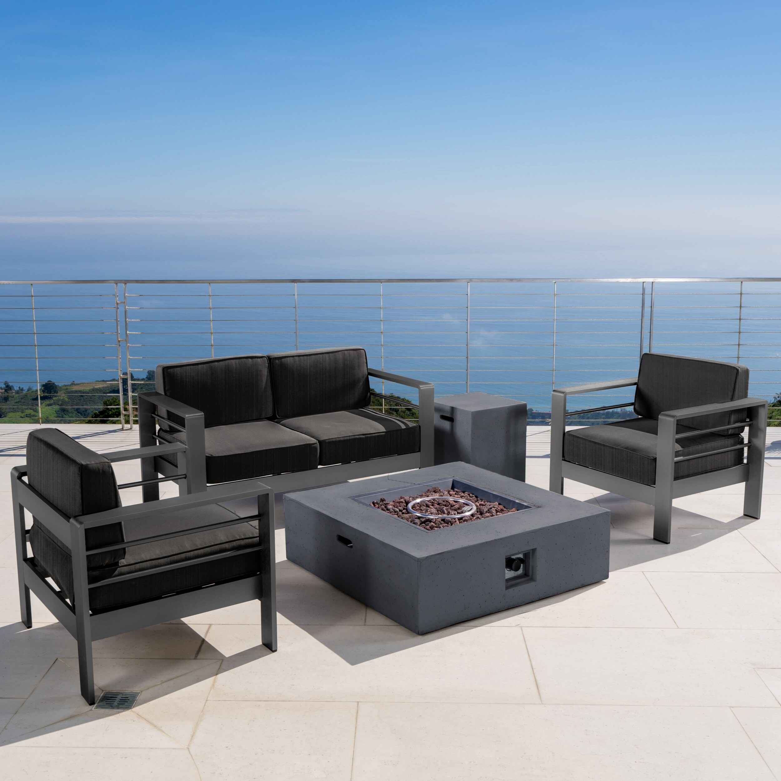 Cape Coral Outdoor Aluminum 5 piece Chat Set with Cushions Fire Table by Christopher Knight Home