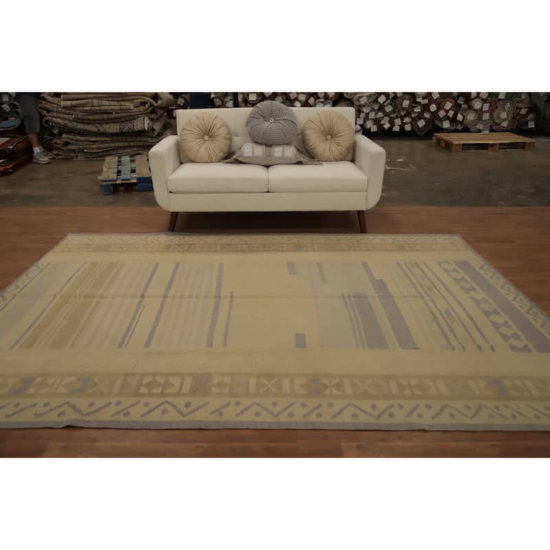 Hand Woven Oriental 100% Wool Carpet Southwestern Tribal Beige & Ivories Kilim Area Rug - 9' 6'' X 6' 8''