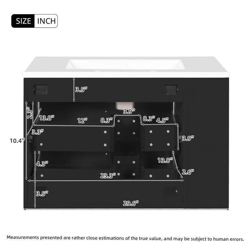 30'' Floating Bathroom Vanity with Single White Integrated Ceramic Sink - 30'' x 18.3'' x 19.4''