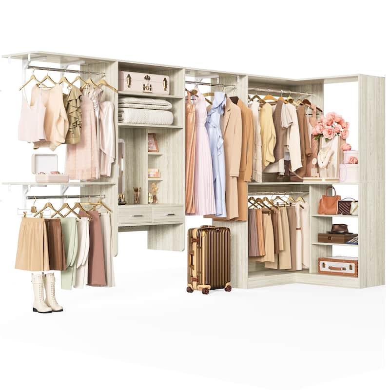Cimly 131'' - 156'' Closet System with Makeup Vanity, All-in-one Corner Closet Organizer with Shoe Rack and Tower Shelves