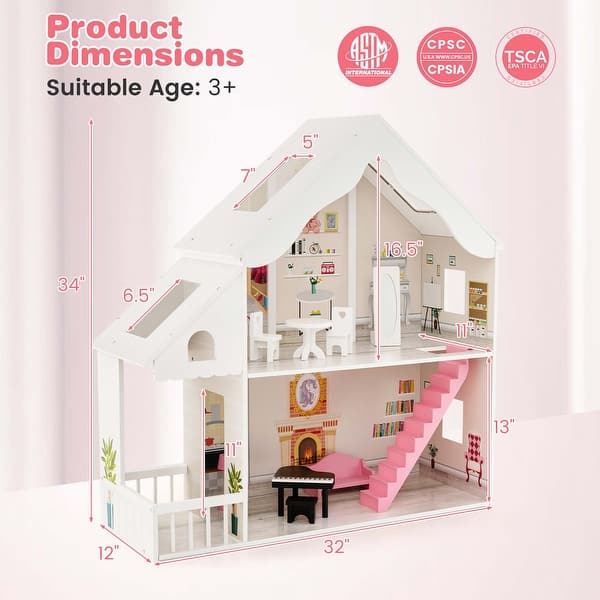 Kids Wooden Dollhouse Semi-Opened DIY Playset with Simulated Rooms