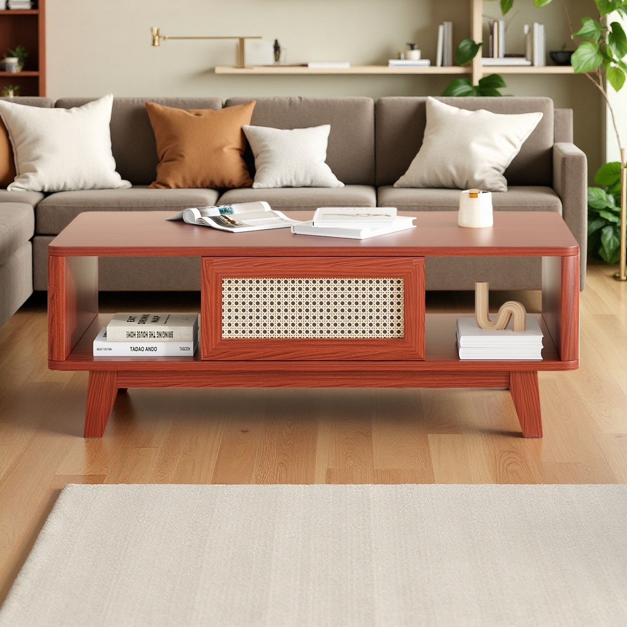 Mid-Century Wood Coffee Table with Rattan Drawer and Solid Wood Legs