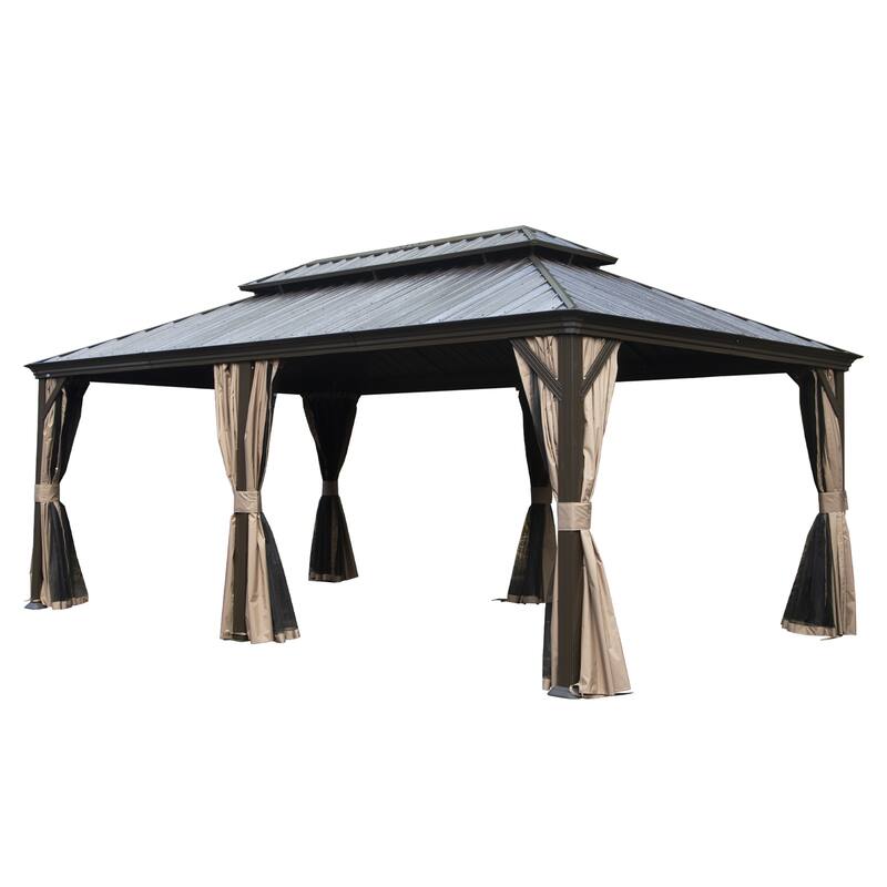 12' X 20' Hardtop Gazebo with Drainage System, Galvanized Steel Roof, Curtains and Netting, Outdoor Shelter for Patio, Garden - Brown