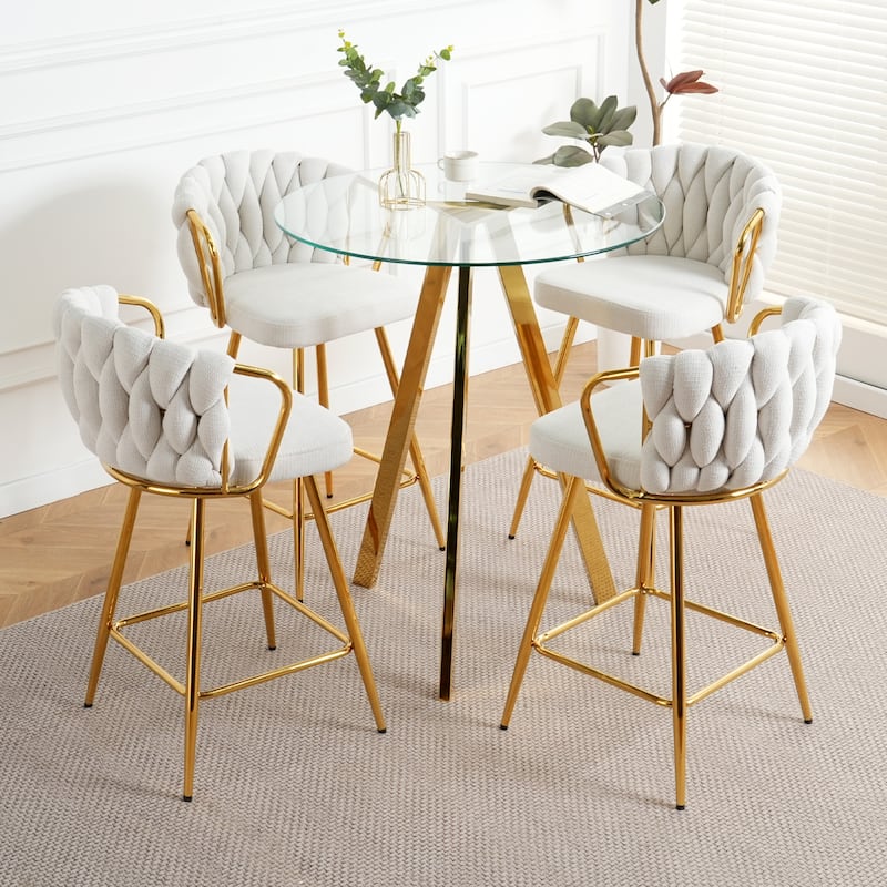 Set of 5 Dining Set, Round Glass Table and 4 Upholstered Chairs with Gold-plated Metal Legs - White