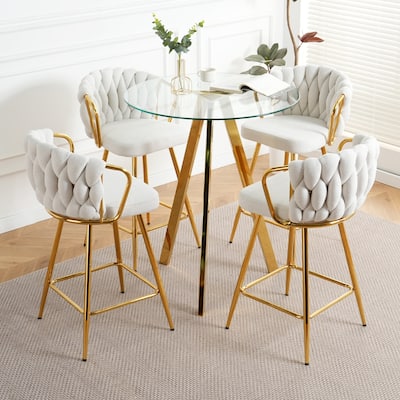 Set of 5 Dining Set, Round Glass Table and 4 Upholstered Chairs with Gold-plated Metal Legs