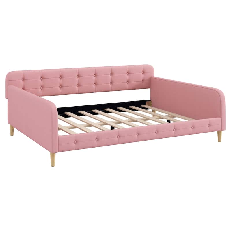 Queen Size Linen Upholstered Daybed with 4 Support Legs and Button-Tufted Design