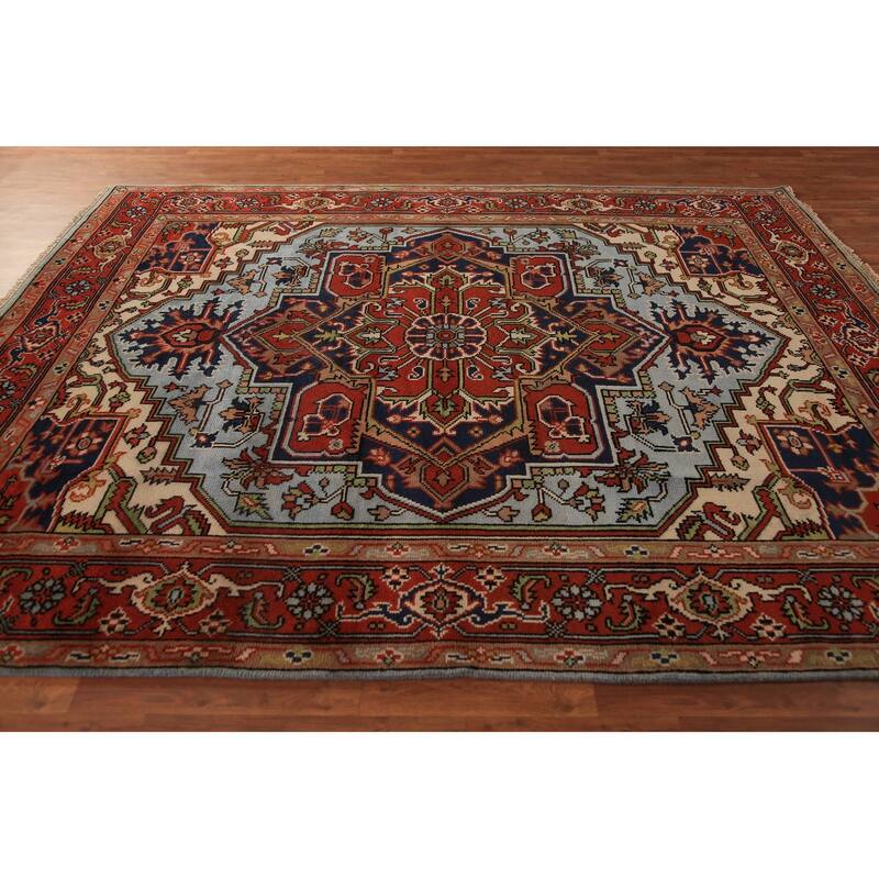 Geometric Heriz Serapi Indian Rug Hand-Knotted Blue Wool Carpet - 7'11"x 9'9"