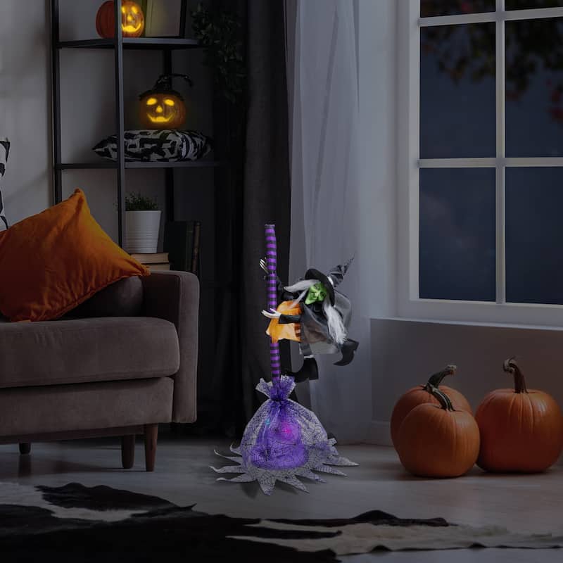 Animated Flying Witch with Broom Halloween Decoration - 25"