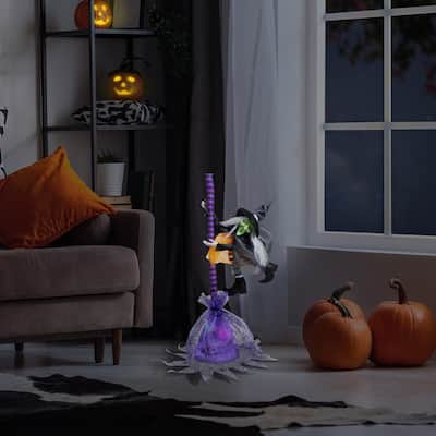 Animated Flying Witch with Broom Halloween Decoration - 25"