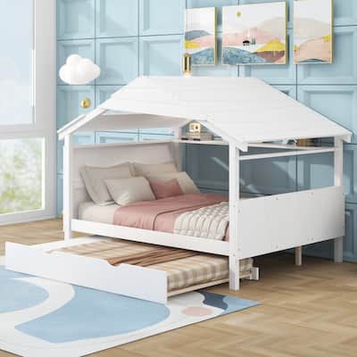 Playful Design Wood Full Size House with Twin Size Trundle and Storage