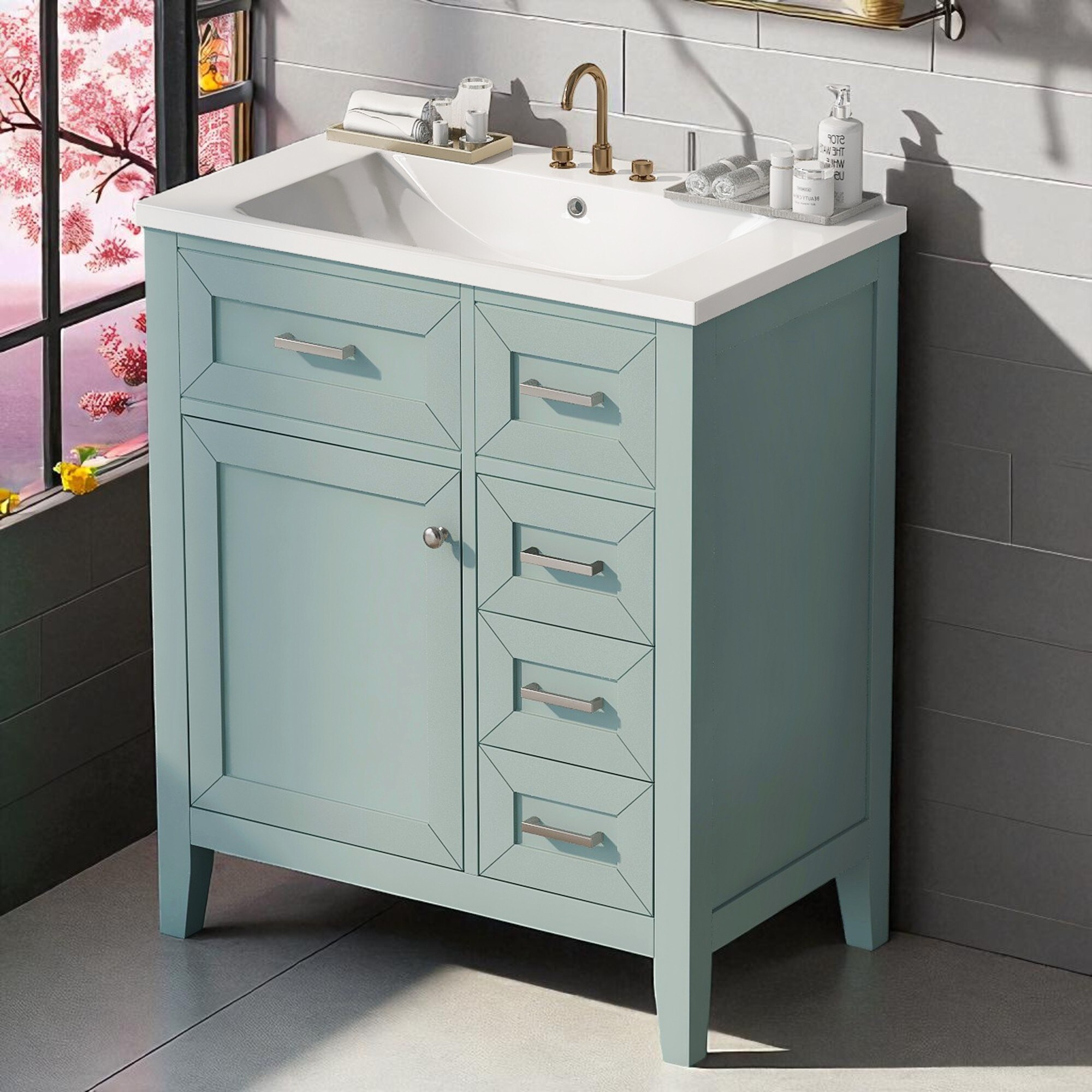 30" White Bathroom Vanity with Ceramic Sink, Freestanding Cabinet