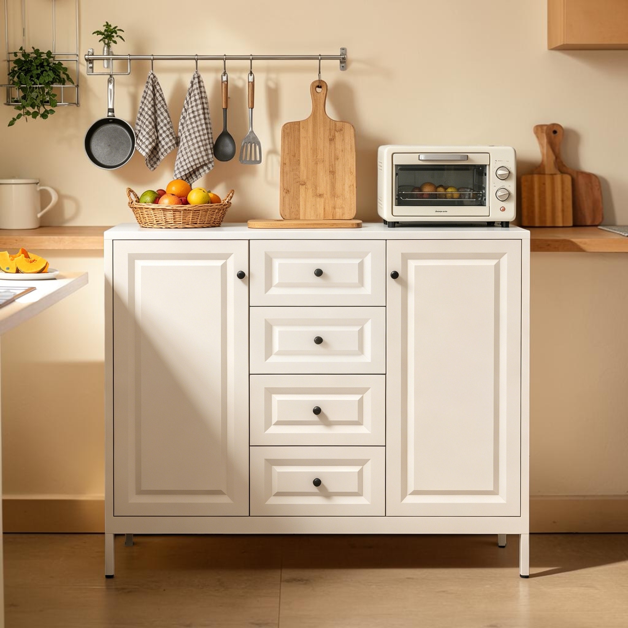 40" Steel Sideboard Buffet Cabinet with 4 Drawers, 2 Doors and Adjustable Shelves for Kitchen Entryway