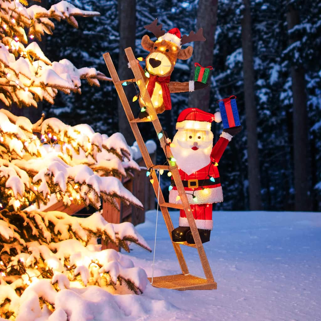 Costway 5.5 FT Lighted Reindeer & Santa Claus on Ladder with 100 LED - as pic shows - See Details
