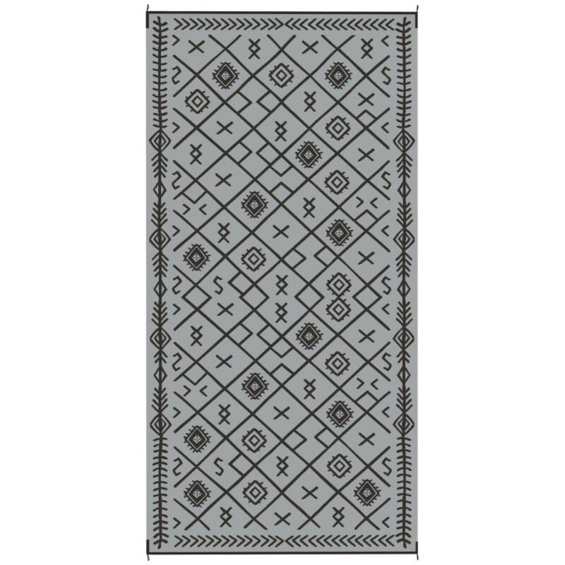 Reversible Outdoor Rug Rhombus Pattern, UV-Protected Foldable Polypropylene Mat with Carry Bag - 215.7" L x 107.9" W - Black and Gray