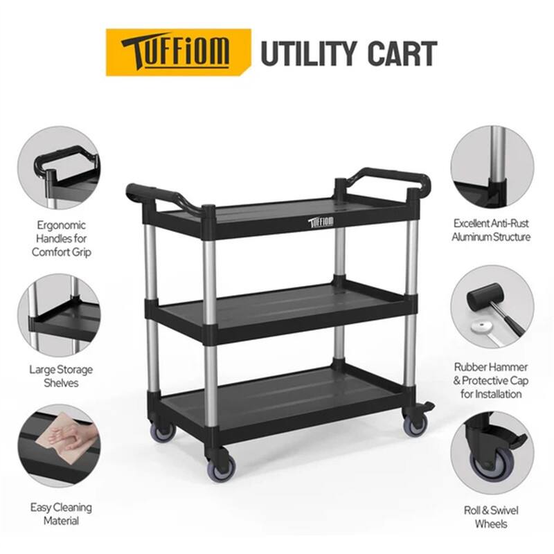 3 Tier Medium 390lbs Capacity Plastic Utility Cart with Wheels Black