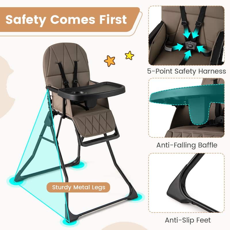 3-in-1 Foldable Baby High Chair with Tray and Footrest Adjustable Footrest Lightweight Waterproof PU Cushion