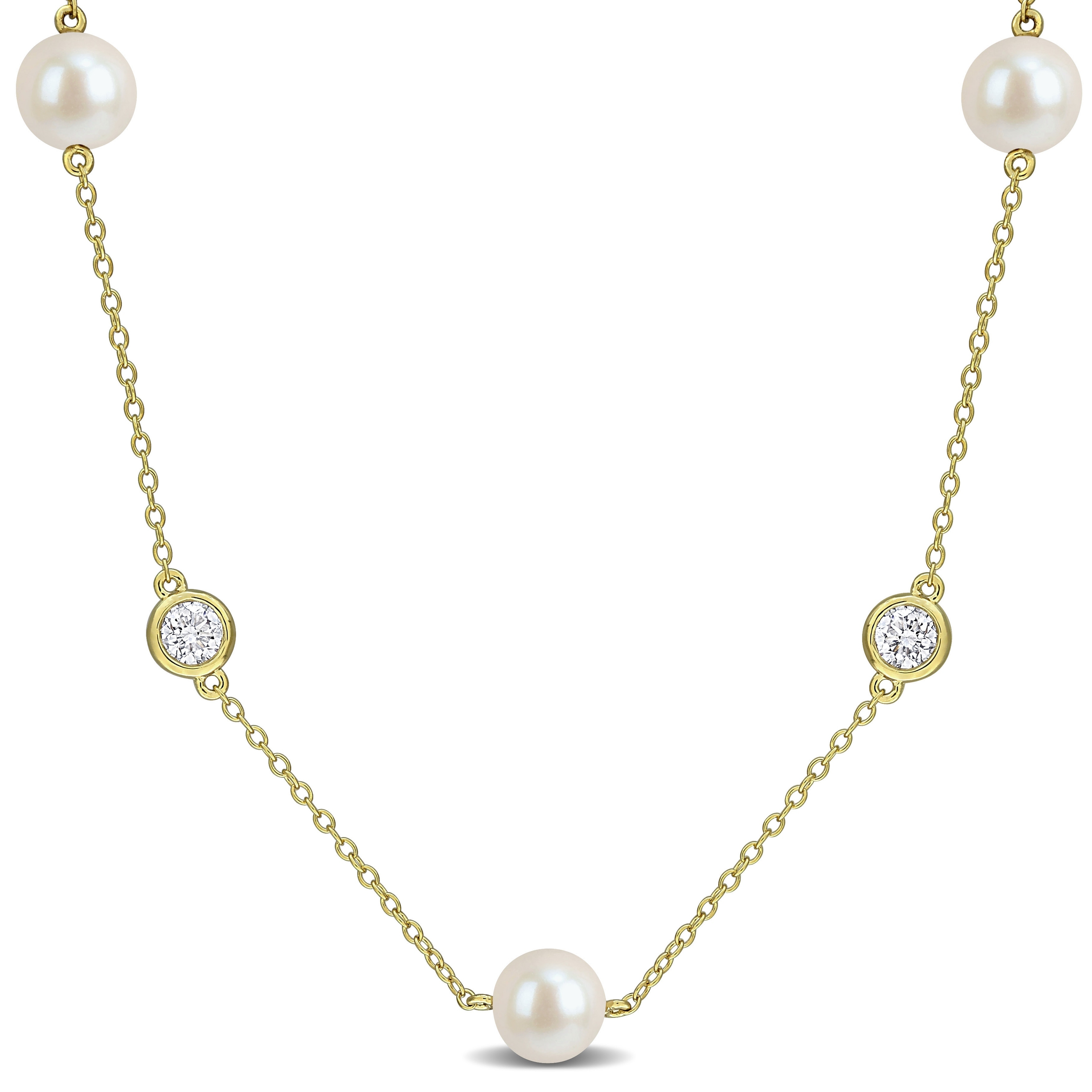 Miadora Cultured Freshwater Pearl and Lab Grown Diamond Necklace Yellow Silver 1ct TDW
