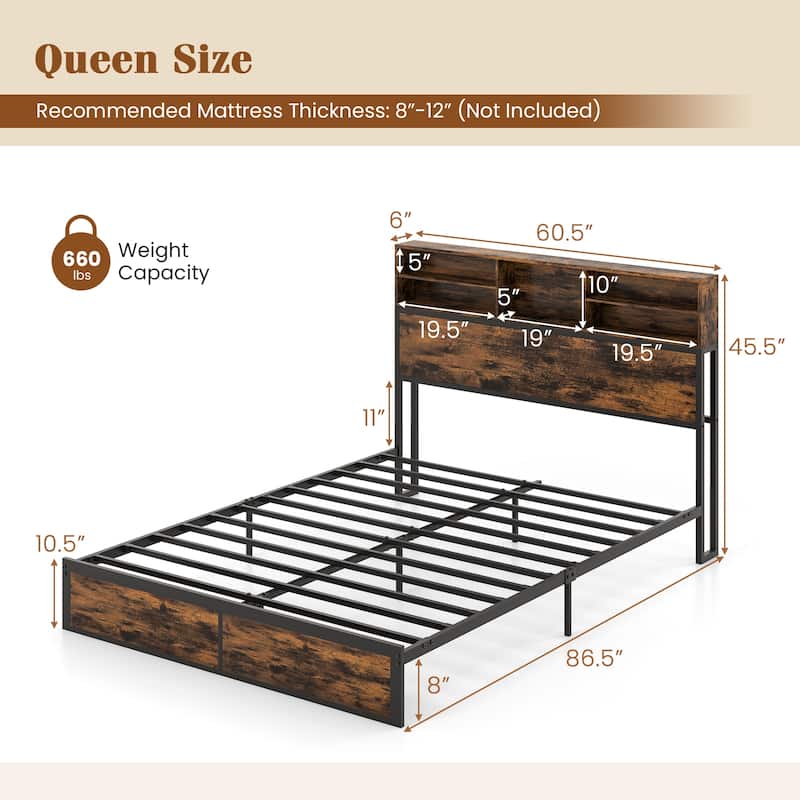 Metal Platform Bed Frame with Headboard Storage and USB Charging Ports