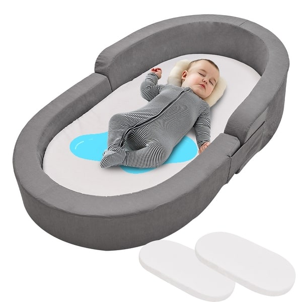 slide 2 of 7, DoCred Portable Toddler Travel Bed with 2 Waterproof Mattress covers Grey