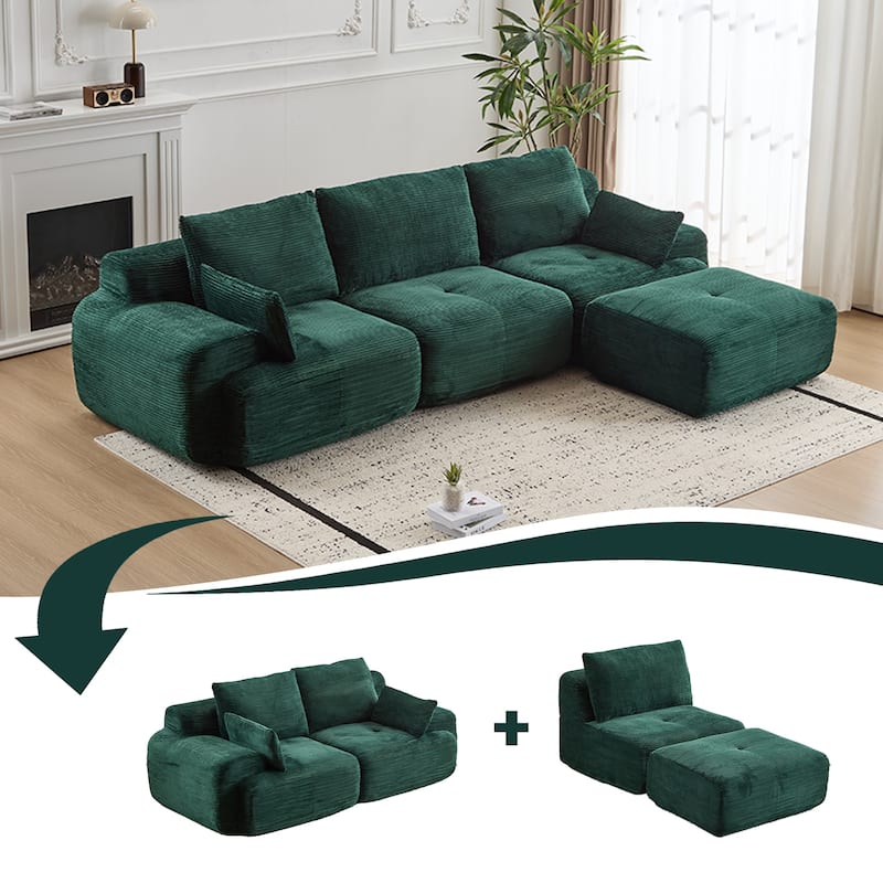 Ergonomic Deep Seat L-shaped Sectional Sofa with Chaise, Pet-Friendly Corduroy Modular Memory Foam Compressed Couch with Ottoman