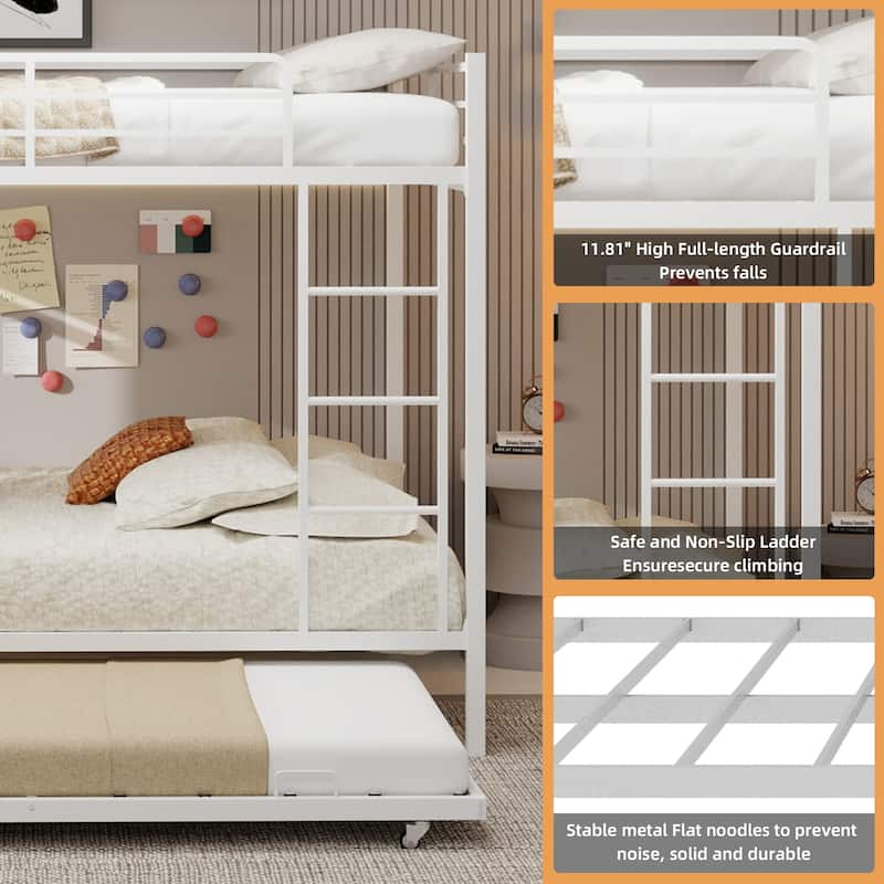 Metal Bunk Bed with Trundle and Safety Rails Modern Minimalist Design for Kids Guest or Shared Rooms