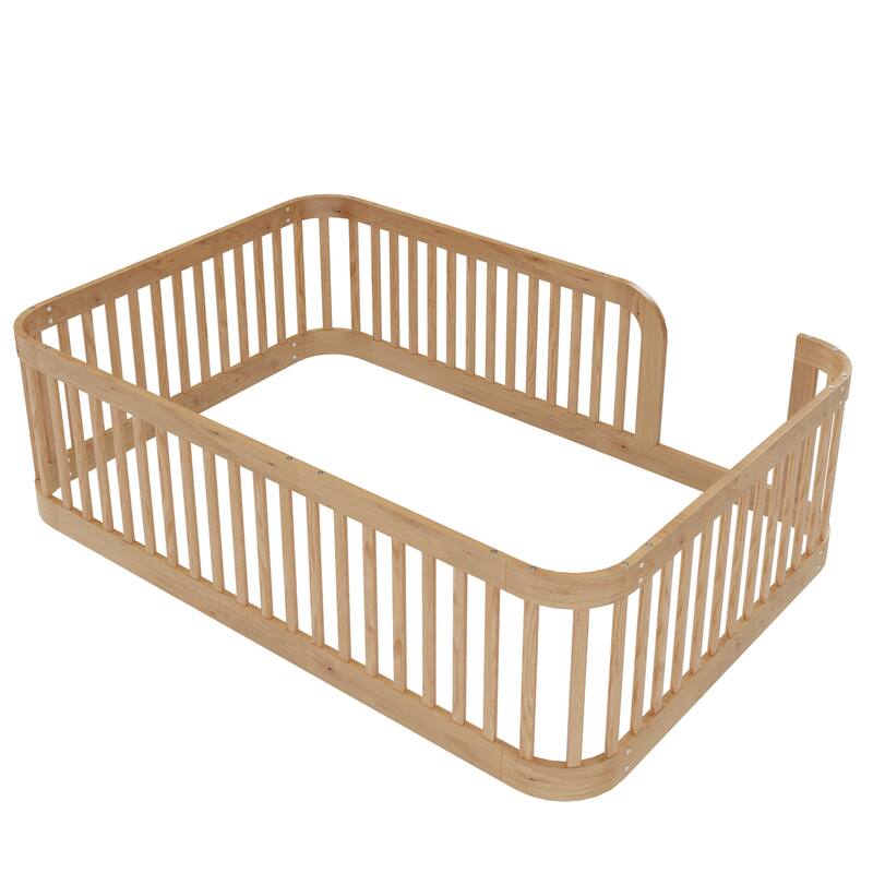 Floor Bed Frame with Fence, Montessori Toddler Bed, No Slats, No Doors, Rounded Corners Wooden Bed