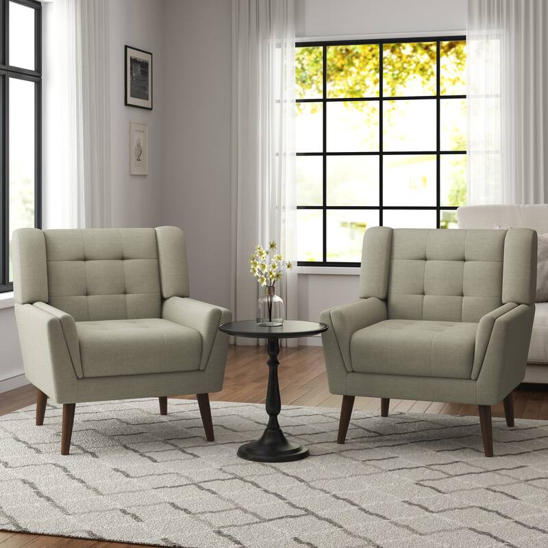 2 Set Mid Century Modern Linen Accent Armchair with Wooden Legs