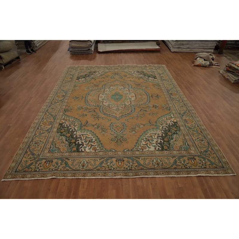 Hand Knotted Oriental 100% Wool Carpet Traditional Floral Oranges & Rust Tabriz Area Rug - 12' 9'' X 9' 7''
