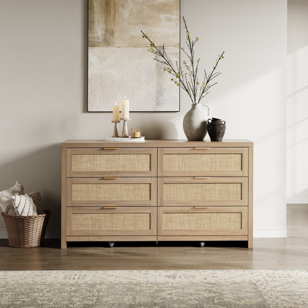 Set of 2 Elegant Right Angled Dresser with 6 Rattan Woven Drawers