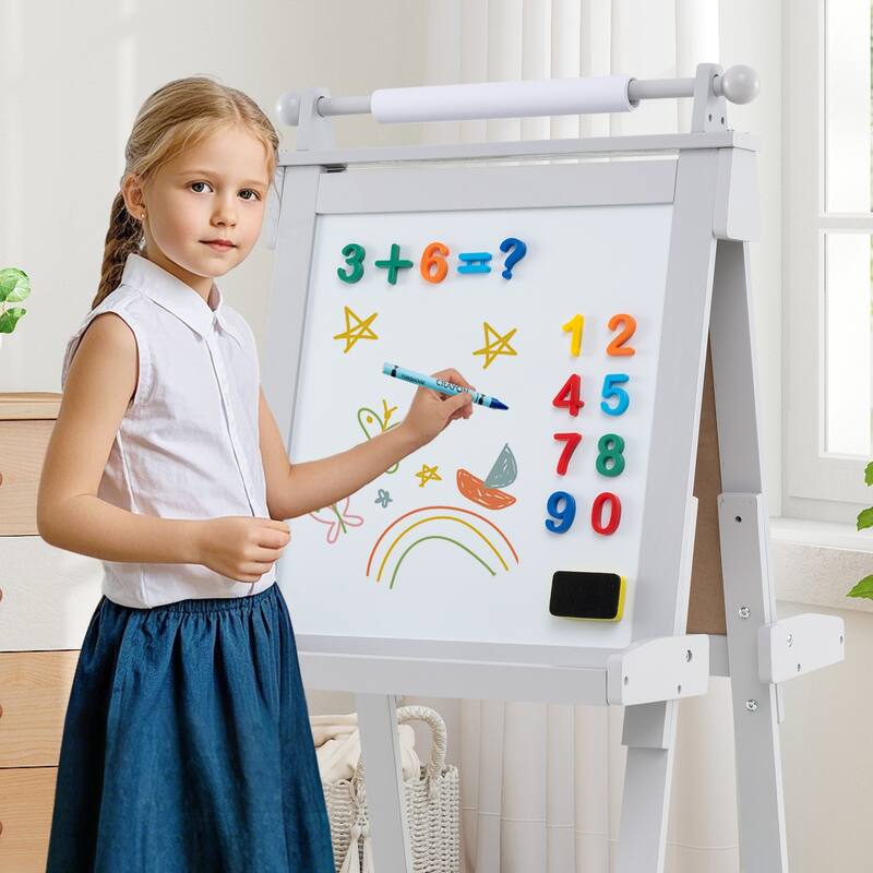 Kids Adjustable Art Easel with Chalkboard Whiteboard Paper Roll and Storage Folding Wooden Drawing Board - 21.5" x 26" x 42"