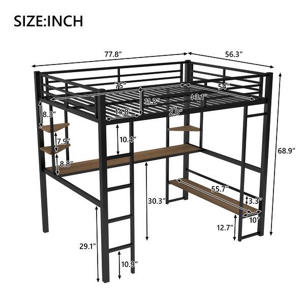 Full Size Metal Loft Bed with Builtin Long Desk and Open Storage