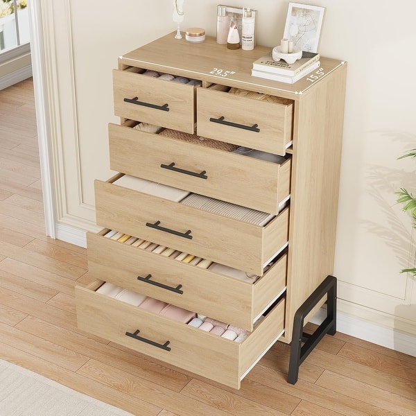 47" Tall Narrow Dresser with 6 Drawers, Farmhouse Style Wood & Steel Storage Cabinet for Bedroom, Hallway, Nursery - Natural Oak - 6-drawer