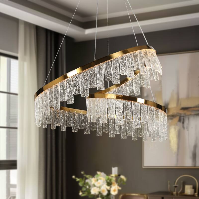 Modern Luxury Gold LED Textured Glass Chandelier for Living Dining Room - Electroplated Gold - W 31.5"x H 23.6"