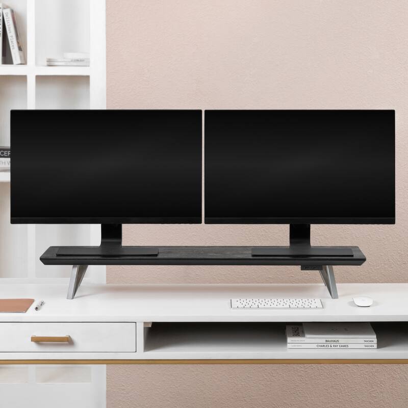 Jani Wood Monitor Stand Riser Desk - Ergonomic Design Stand, Desktop Organizer Table for Home, Office Workspace, Gaming Desk - Black