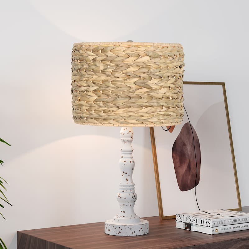 1-Light White Candlestick Table Lamp Rattan Drum Shade