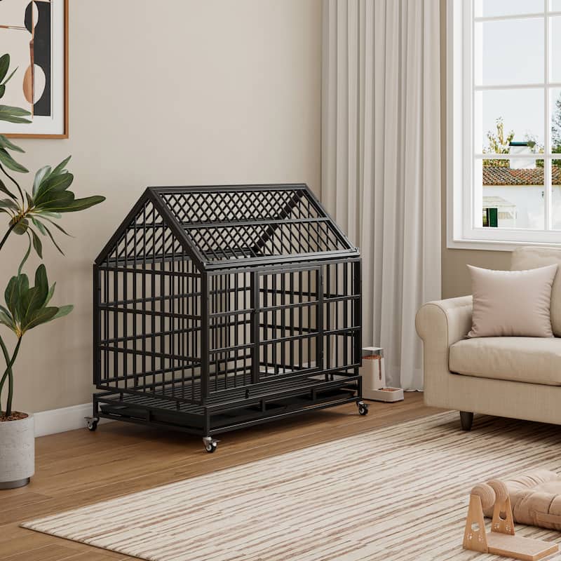 48 Inch Heavy Duty Dog Crate with Wheels, Folding Big Dog Cage for Large and Medium Dogs with a pointed roof and Removable Tray