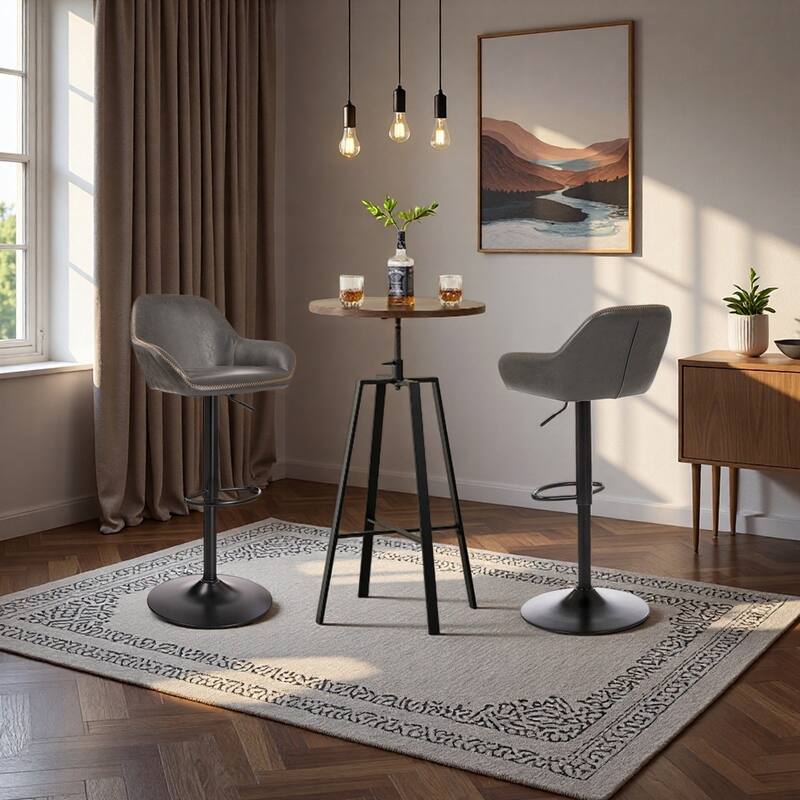 Glitzhome Set of 3 Height Adjustable Swivel Pub Table Bar Stools Set for Kitchen Dining - Brown Table & Grey Chairs
