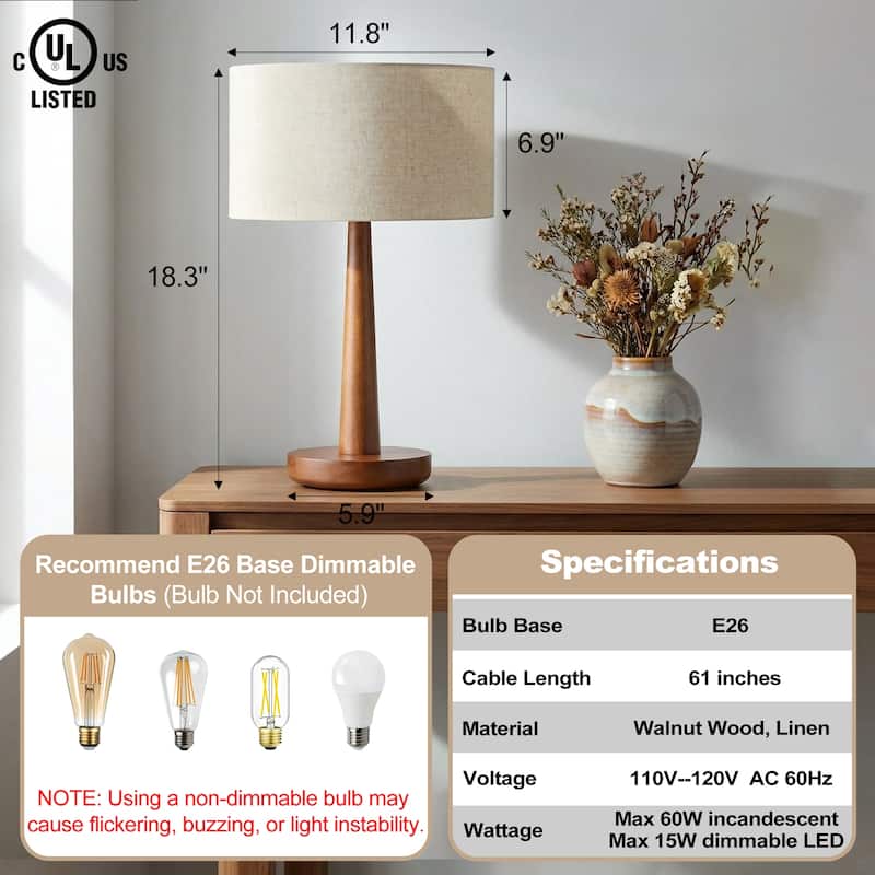 18.5" Modern Table Lamp with Walnut Wood Base, Dimmable Bedside Lamp, UL Listed