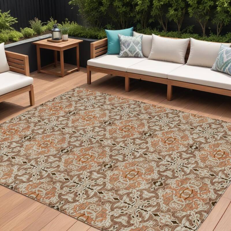 HomeRoots Medallion Transitional Rectangle Outdoor Rug - 10' X 14'