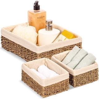 Woven Wicker Storage Baskets for Organizing, Seagrass Decorative Shelf Bins With Liner 3-Pack