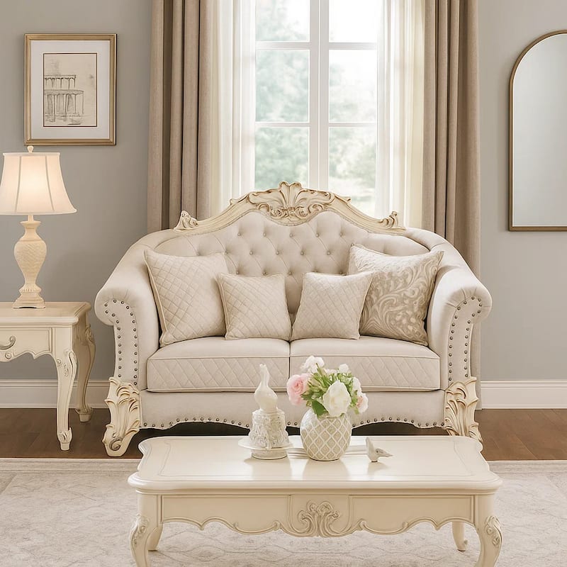 Antoine Loveseat, 4 Pillows, Ivory Fabric Antique Pearl Wood, 66 Inch