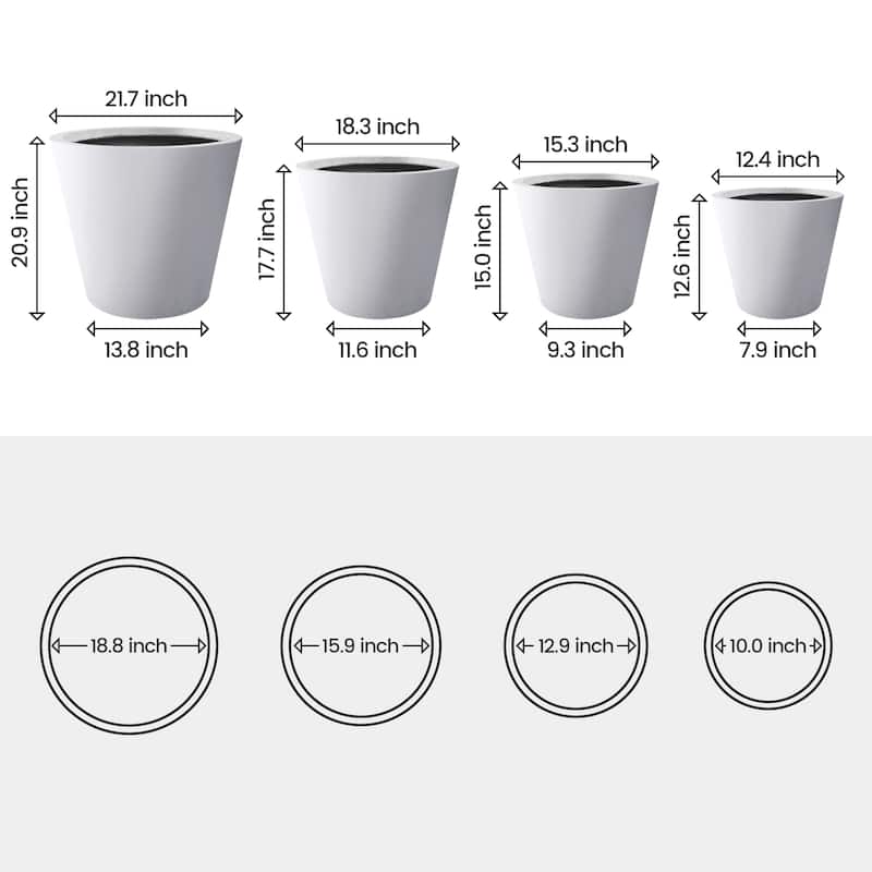 Plantara 22", 18", 15" & 13" D Solid White Concrete Plant pot(Set of 4), Modern Round planter, Outdoor Flower pot for Garden