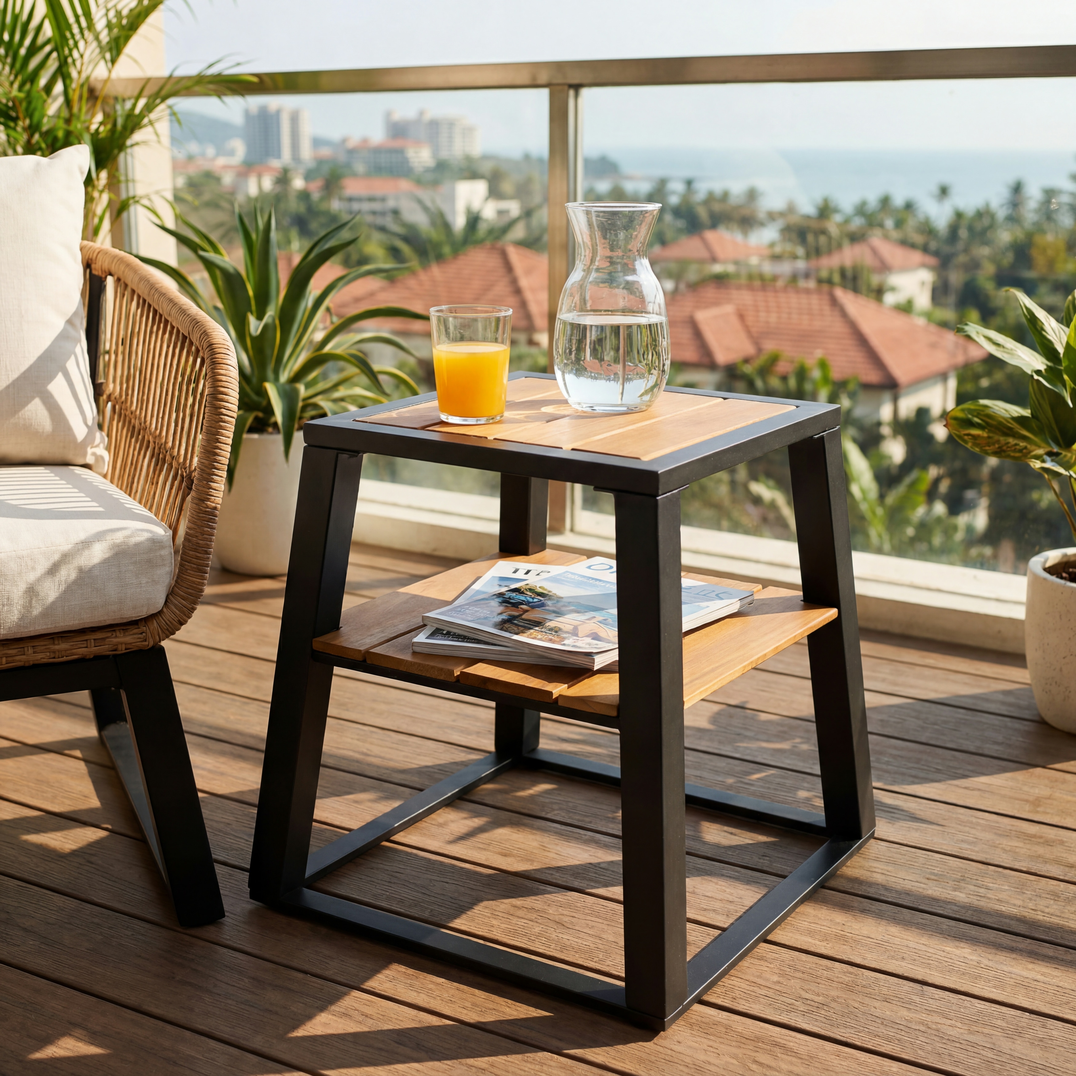 Christopher Knight Home - Briarwell Outdoor Side Table Acacia Wood with 2-Tier Storage Shelf and Black Iron Frame.