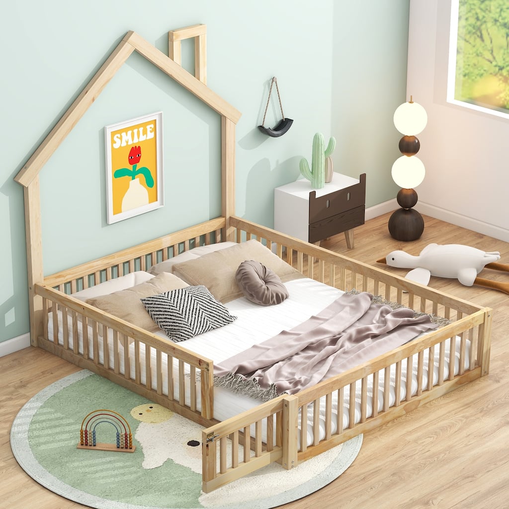 Natural Wood Full Size House Platform Bed with Safety Guardrail for Kids