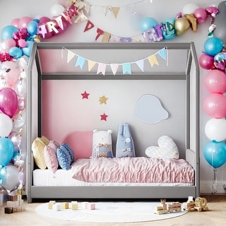 Twin Size Velvet House Bed Wood Bed With Strips on Headboard,Sturdy Construction For Bedroom