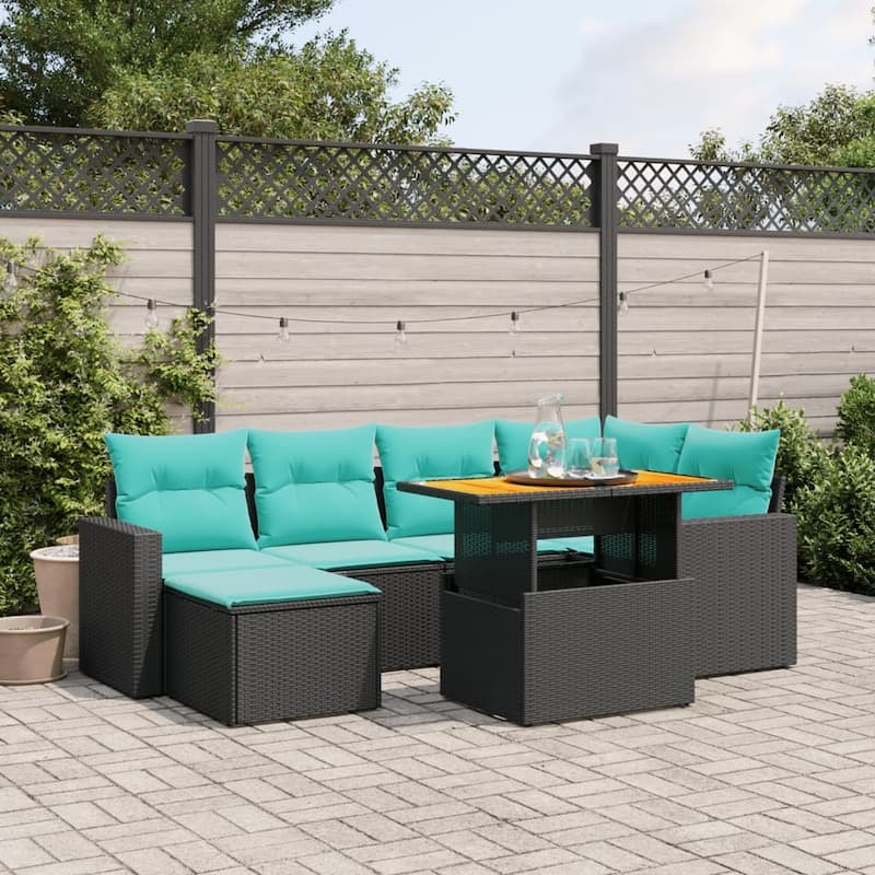 vidaXL Patio Sofa Set with Cushions Outdoor Furniture 7 Piece Poly Rattan - 21.7 x 24.4 x 27.2 - Black