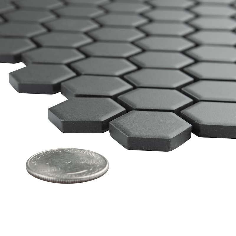 Merola Tile Metropolis 1" Hex Unglazed Black 10-1/4" x 12" Porcelain Floor and Wall Tile - Case (10 Tiles)