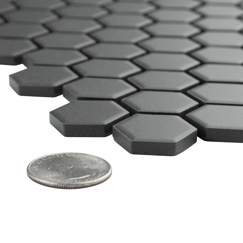 Merola Tile Metropolis 1" Hex Unglazed Black 10-1/4" x 12" Porcelain Mosaic Floor and Wall Tile - Case (10 Tiles)