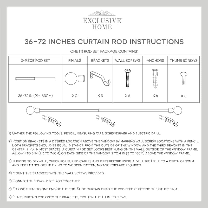 ATI Home Rockwell 1" Adjustable Window Curtain Rod and Finial Set